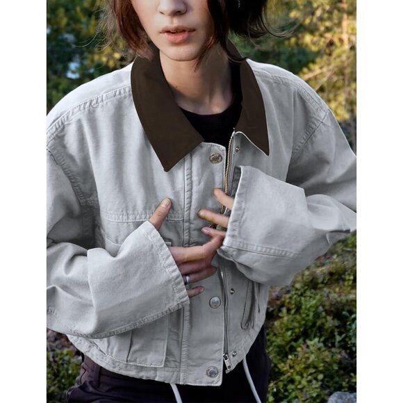 Women Blue Cropped Utility Cargo Coat Contrast Collar Barn Outwear - Picture 2 of 6